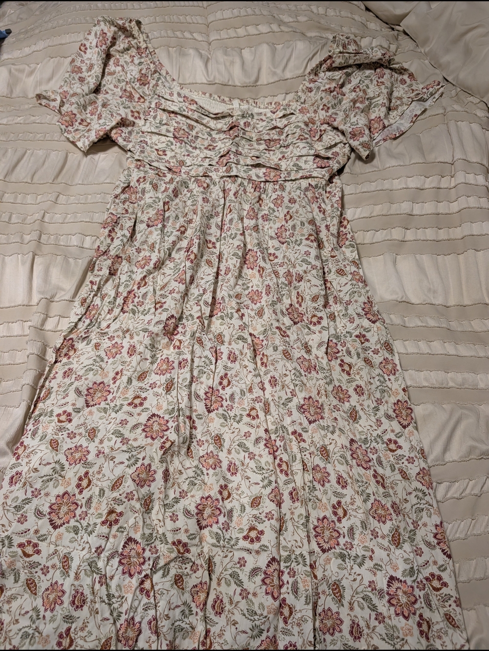 Maurices Cream Maxi Dress with Dusty Rose Floral Trim